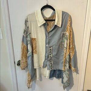 POL Patchwork Blouse - Cream, Blue, Tan